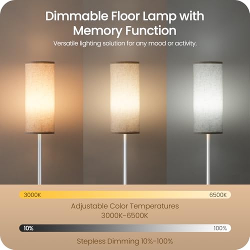 Image of Dimmable Floor Lamps for Living Room with Remote and Foot Switch, 64.4 inch Modern Standing Tall Lamp, Corner Lamp for Office, Bulb Included, 3000K-6500K, Silver and Off-White SW06LD05W1