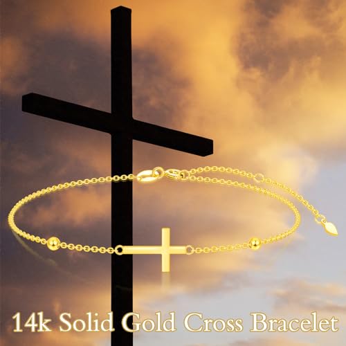 Real 14K Gold Cross Bracelet for Women Solid Gold Crucifix Bracelet for Her Religious Jewelry Christmas Gifts, 6.5+1.5 Inches3