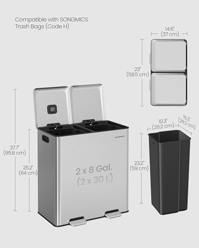 Image of SONGMICS Trash Can, 2 x 8 Gallon, Soft-Close Lids, Stainless Steel