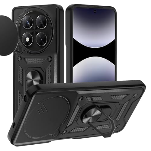 Funda para Xiaomi Redmi Note 14 Pro Plus/14 Pro+ 5G, Cubierta de cámara Deslizante Proteger Militar Antigolpes Protectora Carcasa con 360° Magnético Anillo Soporte Silicona TPU + PC Rugged Case, Negro