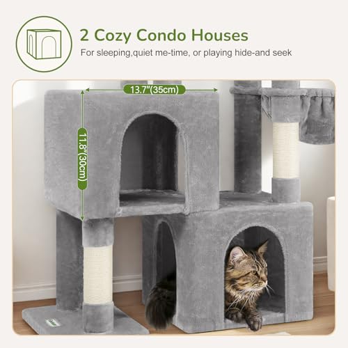 Image of Globlazer 52in Cat Tree Tower for Indoor Cats, 2 Condos, S52, Light Grey | Multi-Level Plush House, 5 Sisal Scratching Posts, 2 Padded Top Perches, Big Metal Basket, Stable Enlarged Base