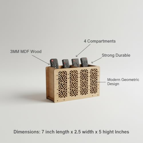 Image of Wooden Remote Holder for Table - 4 Slot Remote Organizer Caddy | Decorative Laser Cut TV Remote Control Storage Stand for Coffee Table, Living Room & Office | 7 x 5 x 2.5 Inches