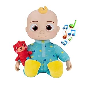 CoComelon Official Musical Bedtime JJ Doll, Soft Plush Body – Press Tummy and JJ sings clips from ‘Yes, Yes, Bedtime Song,’ – Includes Feature Plush and Small Pillow Plush Teddy Bear – Toys for Babies