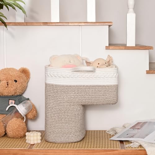 Image of Woven Stair Basket, Stair Baskets for Wooden Stairs, Carpeted Stairs Storage Basket with Handles, Staircase Baskets for Toys, Books, Brown, 15 inch L x 10 inch W x 15 inch H