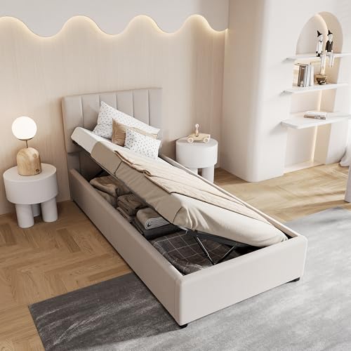 BPKADHY Polsterbett 90x200 cm mit Bettkasten & Hydraulik – Jugendbett Einzelbett mit verstellbarem â€¦ – Miniatur
