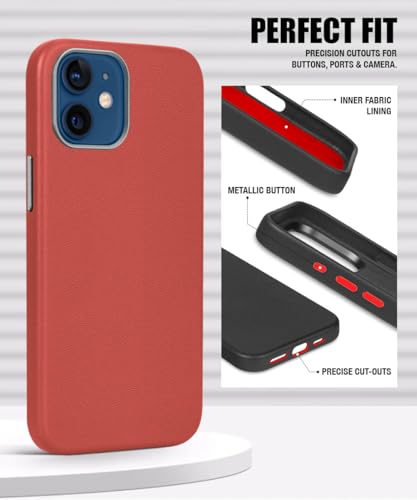 Image of WOW IMAGINE Back Cover for iPhone 12 | Shockproof Tough Leather Texture Hard Mobile Case | Ultra Slim Non-Slip Grip | Inner Velvet Fabric | Metal Camera Ring - Crimson Red