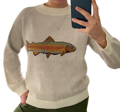 Women Y2k Fish Sweater Cute Graphic Long Sleeve Crewneck Knit Pullover Top Fall Vintage Knitwear Aesthetic Sweater