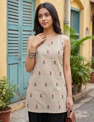 Image of Youthnic Women's Cotton Embroidered And Stripes Work Summer Wear Straight Kurti With farshi Salwar | Co Ord Set for Women Stylish | Office wear Kurta Set