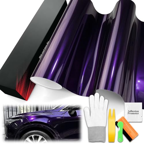 1.6FTx5FT PET Super Gloss Metallic Midnight Purple High Glossy Vinyl Wrap Auto Car Sticker Decal Film Sheet Bubble Free Air Release Technology with Tool Set