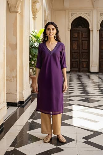 Image of Taneira Women Dark Violet Pure Silk Cotton Embroidered Kurta (KUAM35DVL-Dark Violet-L)