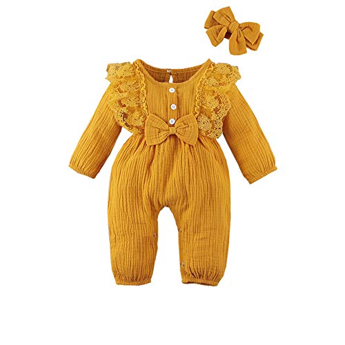 Baby Girl Romper Lace Clothes Jumpsuit One Piece Bodysuit Fall Winter Onesies Outfits (Yellow, 9-12months)