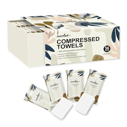 Ourmed Life Komprimierte Handtücher Tabletten – Einweg-Gesichtstücher, mit Wasser expandierend, fusselfrei, biologisch abbaubar, 30 × 25 cm, 56 Stück
