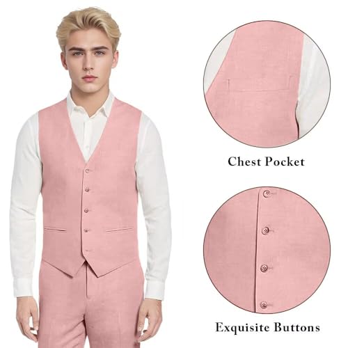 Men's Linen Suit 2 Piece Slim Fit Vest and Pants Set for Beach Wedding Groomsmen Tuxedos Casual Suit Waistcoat3
