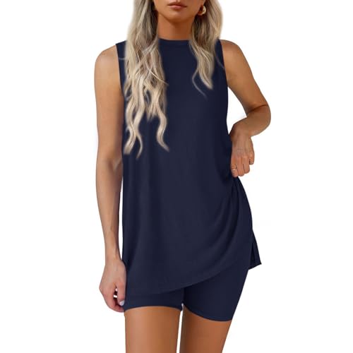 Two Piece Sets for Women Summer Matching Lounge Shorts Set Side Split Tank Tops and Biker Shorts Loungewear Outfits - Main Image