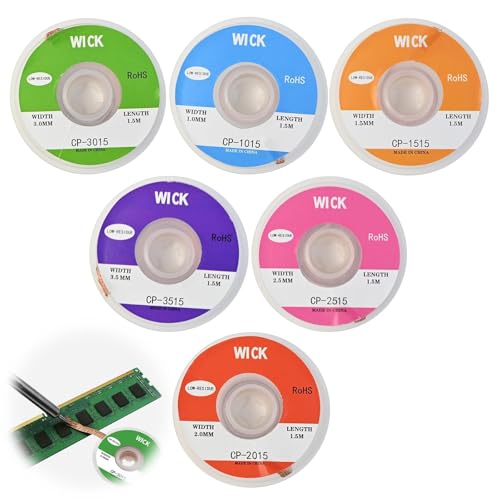 Funver 6 Piezas Malla Desoldadora Sin Limpieza, 1.5M Trenza Desoldadora para Soldar Soldadura Desoldering Wick para Quitar Soldadura Y Desmontar Componentes Eléctricos(1.0/1.5/2.0/2.5/3.0/3.5mm)