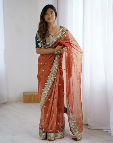 Image of SIRIL Women's Net Sequence Embroidered Saree With Unstitched Blouse
