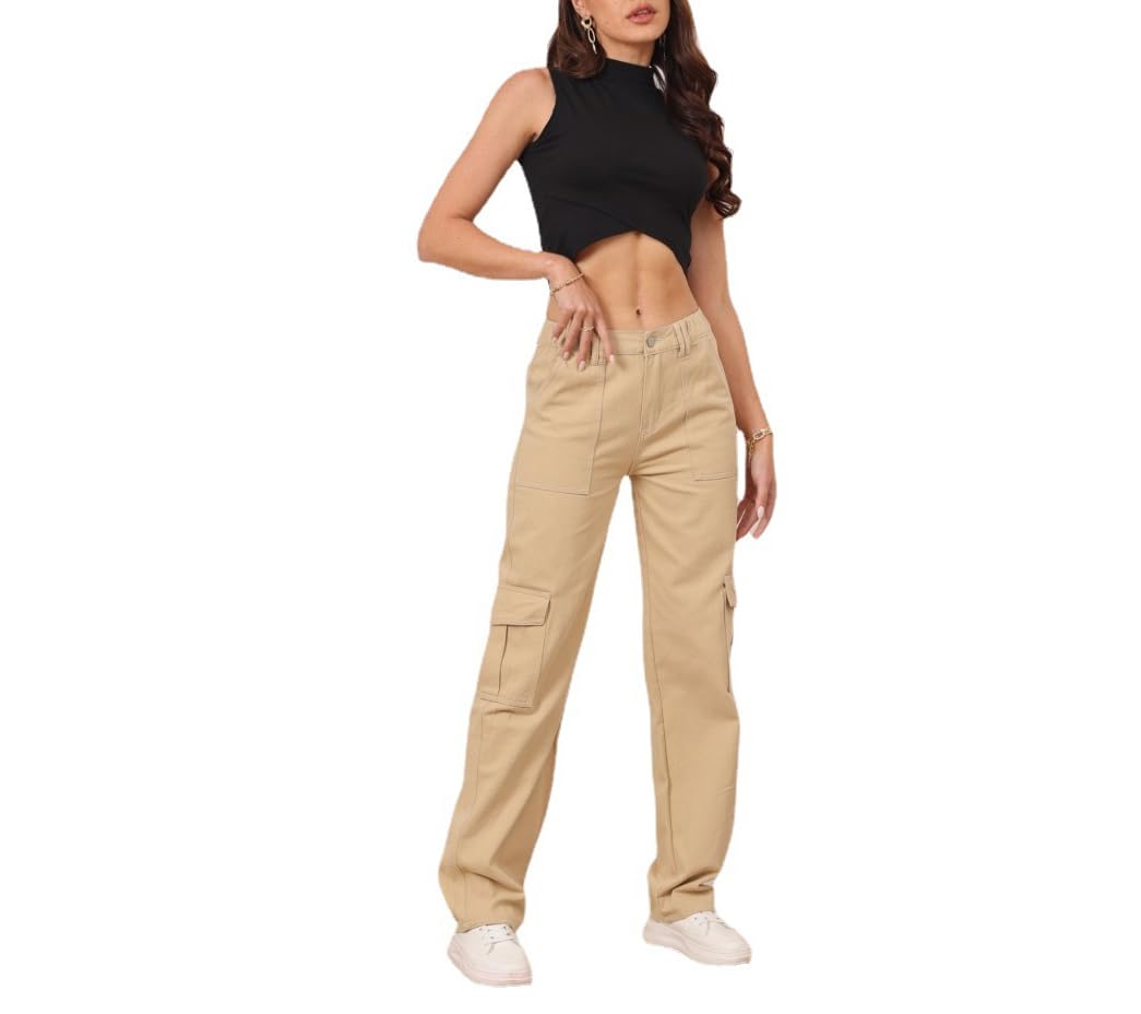 Photo 1 of THWEI Cargo Pants for Women High Waisted Casual Pants Y2K Streetwear with 6 Pockets Khaki 2XL