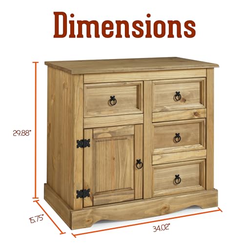 Furniture Dash Solid Wood Buffet Sideboard 34\" W, 15.7\" D, 29.8\" H - 1 Door & 4 Drawers - Farmhouse Buffet, Farmhouse Furniture, Kitchen Storage Cabinets, Cupboard Console Table - Corona Collection