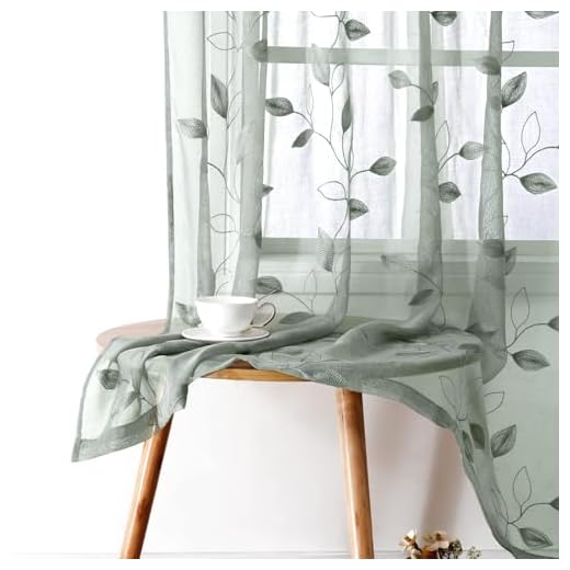 HOMEIDEAS Sage Green Sheer Curtains 52 X 63 Inches Length 2 Panels Embroidered Leaf Pattern Pocket Faux Linen Floral Semi Sheer Voile Window Curtains/Drapes for Bedroom Living Room