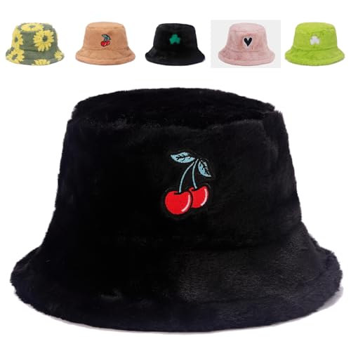 Image of Bucket Hat Women Furry Fuzzy Bucket Hats for Ladies, Winter Warm Fluffy Plush Faux Fur Hat for Women