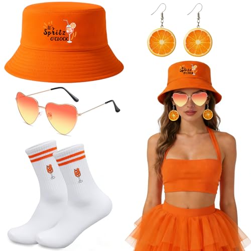 Pipihome Aperol Kostüm Damen Faschingskostüme Damen Karneval Kostüm Damen Accessoires mit Aperol Mütze Bestickte Socken Orangen Ohrringe Herz Sonnenbrille für Karneval Apero Party Cosplay