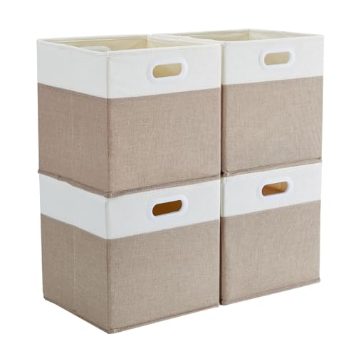 Mangata Cube Storage Boxes 30x30x30 cm, Fabric Storage Cube Baskets for Clothes Bins, Baskets, Chests,Toys (Lihgt Khaki White, 4Pcs)