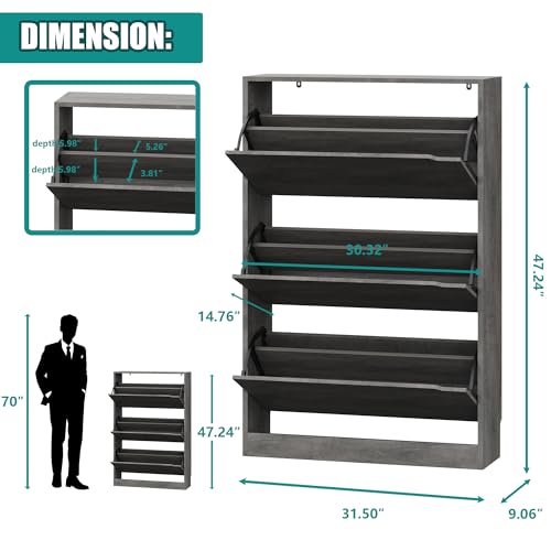Image of Xixini Shoe Storage Cabinet for Entryway with 3 Flip Drawers, Sturdy Wood Hidden Shoe Storage, Freestanding Narrow Slim Shoe Organizer for Front Door Entrance, Living Room, Hallway, Bedroom, Grey