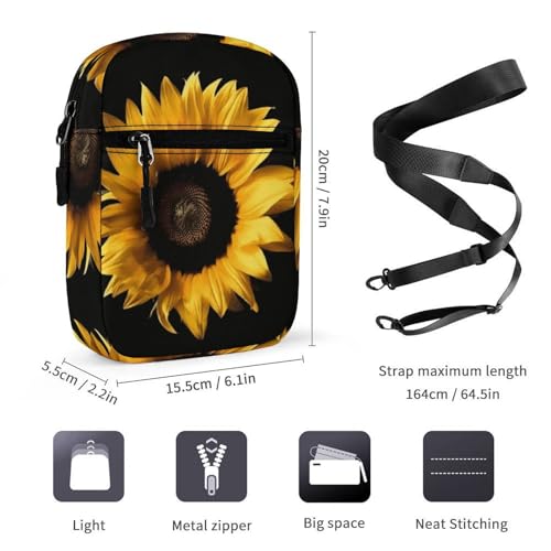Personalized Small Crossbody Bag Water Resistant Messenger Bags Mini Sunflower on Black Background Printing SlingBag For Men Women2
