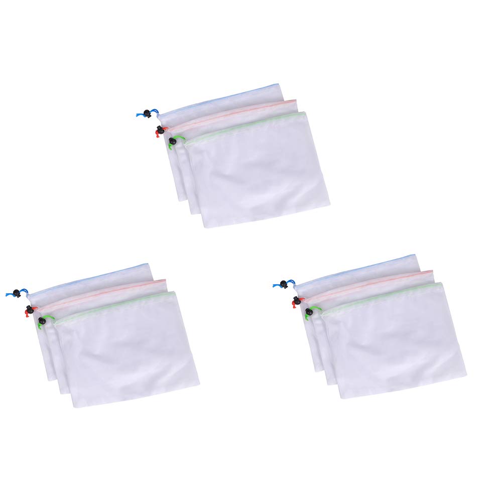 Food Grade Reusable Mesh Bags Set of 9 Strong Clear Mesh Bags for Fruit, Vegetables, Refrigerator, Tidy Toys and Books Tare Reliable Quality