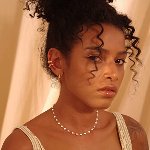 Fettero Pearl Choker Dainty Adjustable Necklace - 14K Gold Plated Cultured Tiny Station Chain Delicate Mother's Valentine Jewelry For Women #TOP1