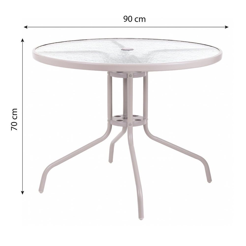 MONTY Mesa de Jardín Redonda Ø 90 cm de Acero Arena con Tablero de Cristal Templado 5mm | Pintura Anticorrosión, Uso Exterior | para 4 Personas | Requiere Montaje | Classic