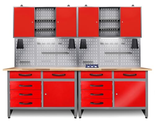 Ondis24 Werkstatteinrichtung Holger Rot 240 cm – 2 Werkbänke...