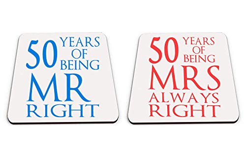 Being Mr Right & Mrs Always Right Set of 2 Wedding Anniversary, Valentines Day, Couple Square Coaster Set. (50 Years)