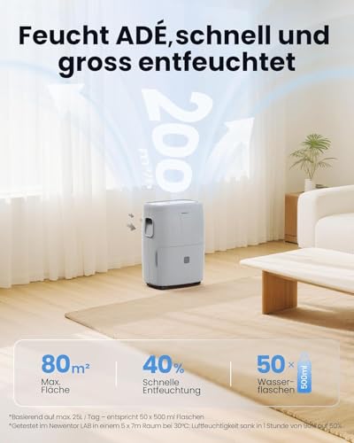 Newentor razvlaževalec 25L/dan - 270W energijsko varčen razvlaževalec - za prostore cca. 215m³/80m² - 10 let - razvlaževalec prostorov za kleti - z 2M odtočno cevjo, odstranljivim filtrom, časovnikom