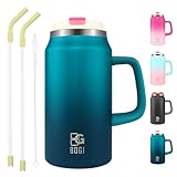 BOGI Gobelet de 1,5 l avec paille et couvercle, tasse de voyage de grande capacit� avec poign�e isotherme en acier inoxydable pour garder le th� au froid et au chaud, anti-fuite, sans BPA,