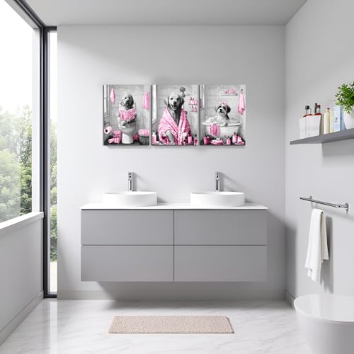 Image of sechars Funny Dogs Bathroom Wall Art Grey and Pink Bath Decor Cute Animal Painting Canvas Print (Pink)