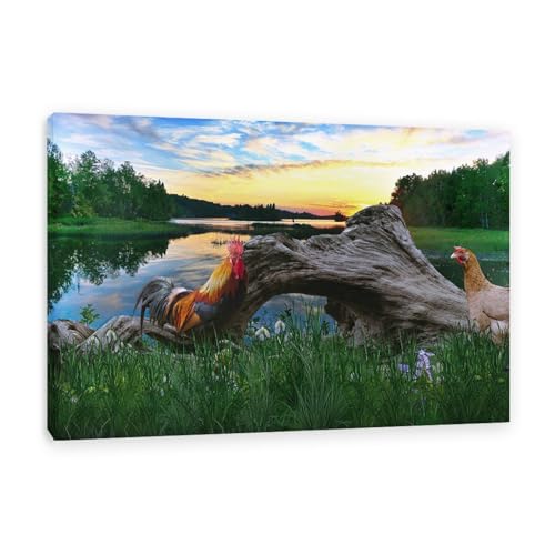 Tableau de poule de haute qualité et toile coq paysage lacustre 120x80