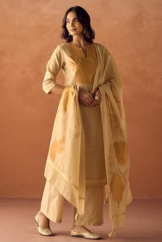 Image of FIORRA Women Beige Cotton Jacquard Woven Kurta Set with Dupatta