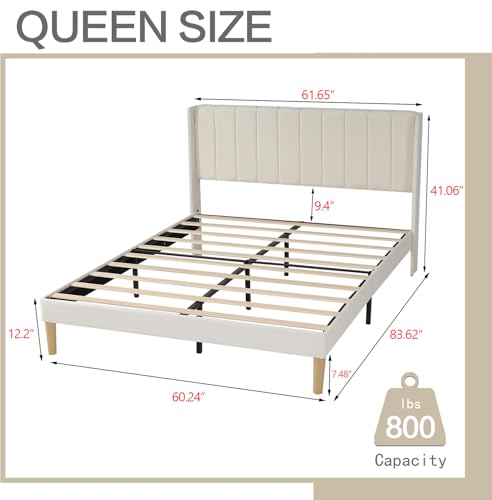 Image of AGARTT Upholstered Platform Bed Frame Queen Size, Beige Velvet