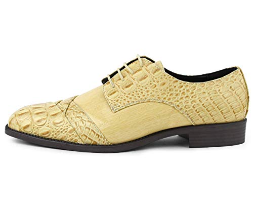 Image of Bolano Bandit Men's Alligator Print Cap-Toe Oxford Dress Shoes | Formal lace-up oxfords with alligator print, folded croc detailing and cap toe for tuxedo and dress wear
