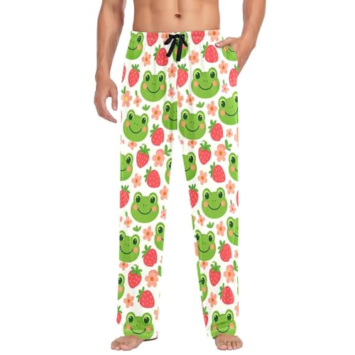 Men's Cute Cartoon Frog Pajama Pants with Pockets - Straight Fit Cotton Sleep Bottoms for Lounge & Nightwear#479