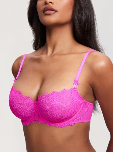 Image of DOBREVA Women's Balconette Sexy Unlined Bra Lace Push Up Plus Size Bras See Through Underwire