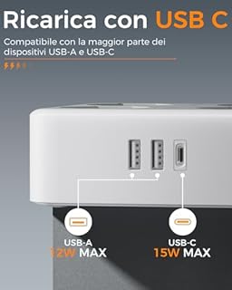 TESSAN Ciabatta Multipresa con USB C, Multipresa Elettrica con Prolunga Elettrica 2 Metri, Ciabatta Elettriche con 4 Spina Schuko e 4 Bivalenti 10A/16A, 3680W Presa Multipla con Interruttore, Grigio