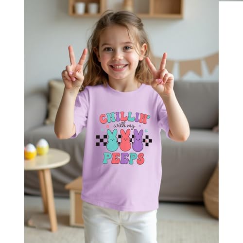 Image of Girls Easter Bunny Shirts Chillin with My Peeps Letter Print T-Shirt Cute Rabbit Short Sleeve Tee Tops