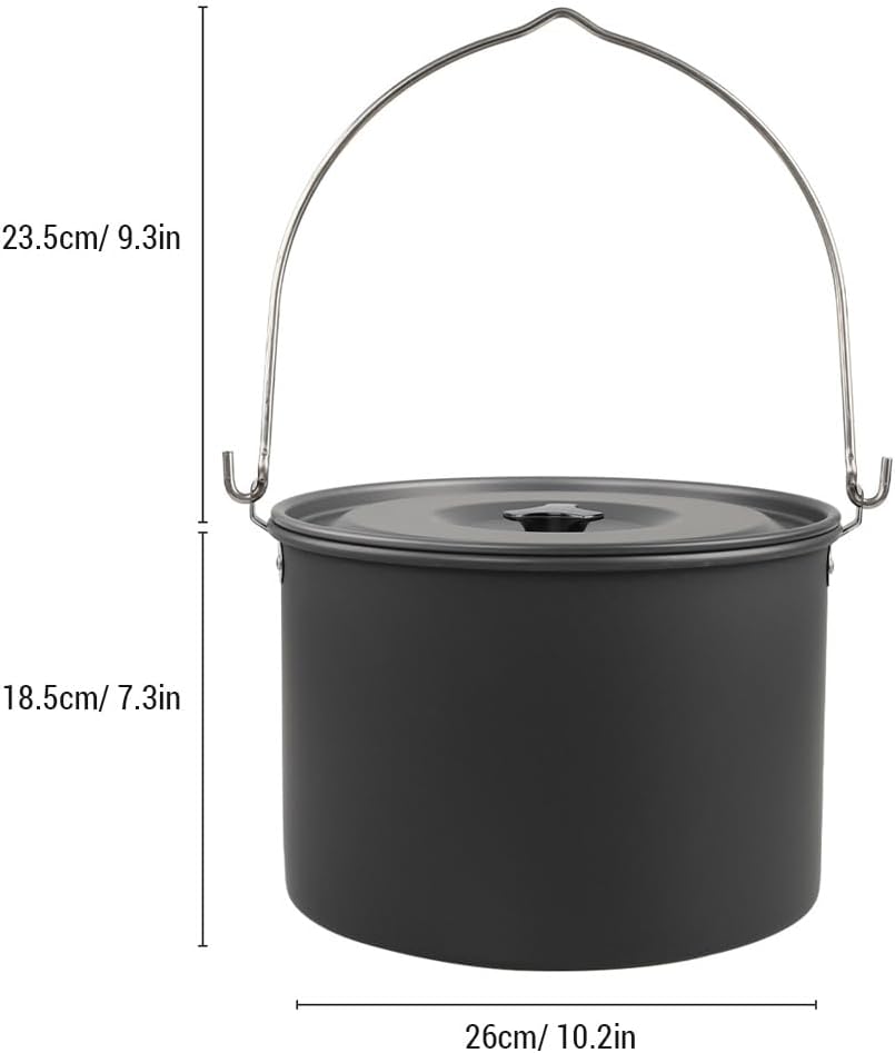 Alomejor 8L Hanging Pot Large Camping Cookware Portable Pot and Pan Set with lid for 8-10 People Outdoor Activities
