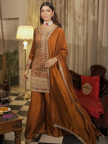 Image of Libas Womens Embroidered Silk Blend Straight Kurta With Palazzos and Dupatta | ethnic wear | bridal suit | wedding dress | occasion wear