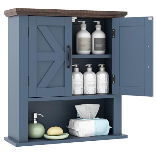 COSTWAY Armoire Murale Salle de Bain, Meuble WC Suspendu avec 2 Portes, Étagère Réglable, Compartiment Ouvert, Style Ferme, Placard de Rangement pour...