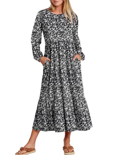 ANRABESS Womens Long Sleeve Fall Flowy Maxi Dresses,Floral Black,L