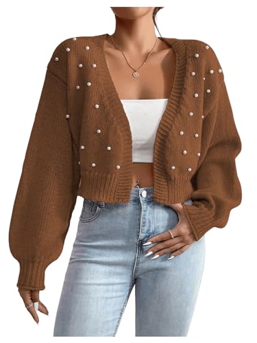 Image of SHENHE Women's Pearl Beaded Open Front Cardigan Oversize V Neck Drop Shoulder Cropped Sweater