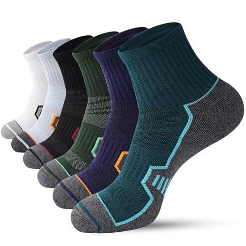 ILovDaisy Running Trainer Socks for Men 9-12 Cushioned & Anti-Blister Sports Ankle Socks Breathable Quarter Athletic Sock for Hiking Walking Cycling Gym 6 Pairs Multicoloured